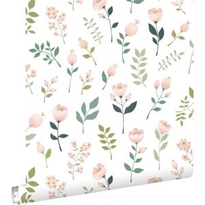 Estahome - Papier peint fleurs - 0,53 x 10,05 m de blanc, rose et vert