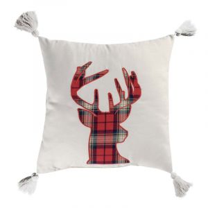 Image de Coussin Déco à Pompons "Scottish" 40x40cm Blanc