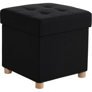 Relaxdays Tabouret avec rangement, rembourré, H x L x P : 38 x 38 x 38 cm, en lin, pieds en bois, tabouret carré, noir