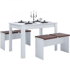 Image de Ebuy24 - Esal Ensemble de salle à manger avec table et 2 bancs, blanc. - Blanc