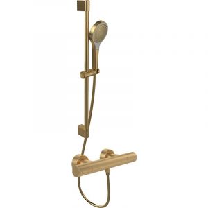 Villeroy & Boch Mitigeur douche thermostatique Universal Taps & Fittings rond Brushed Gold + Ensemble de douche Verve Showers 3 jets Brushed Gold