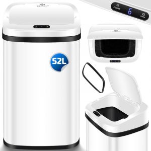 KESSER Poubelle de cuisine, 52 l, acier inoxydable, avec capteur automatique, détecteur de geste, couvercle à fermeture douce, panneau de commande tactile, écran LCD, support de sac poubelle, blanche