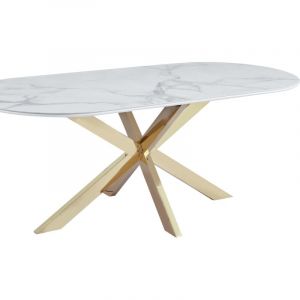 Table à Manger MANON – 200x90 cm – Céramique Marbre Blanc & Pied Gold