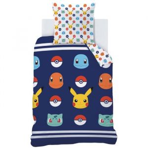 Cti Parure de lit imprimée 100% coton, POKEMON BADGES. Taille : 140x200 cm