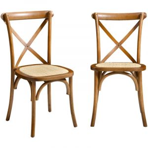Lot de 2 chaises de bistrot en bois d'hévéa effet noyer. vintage. assise en rotin. empilables