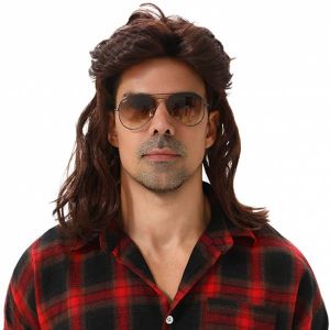 MAASKANTJE "Frituur" Coupe mulet rétro Vokuhila Perruque brun foncé