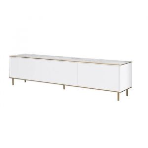 Menzzo Meuble tv design Shonna L180cm Blanc, Effet marbre Blanc avec bordure Or