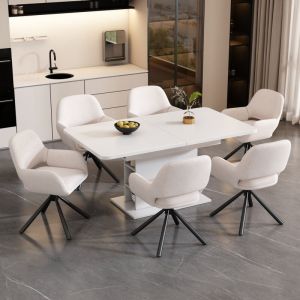 Lot de 6 chaise de salle à manger rotative avec accoudoirs, tissu Sherpa, blanc