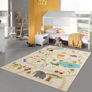 Teppich-Traum Tapis d'enfant Tapis de Chambre d'enfant Tapis de Jeu Tapis de Rue Safari antid&eacute;rapant Beige 200 x 290 cm