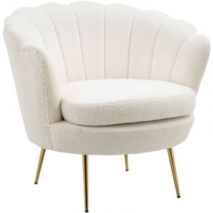 Image de Homcom Fauteuil coquillage fauteuil design dim. 79L x 77l x 77H cm pieds dorés effilés revêtement effet laine bouclée 79x77x77cm Crème