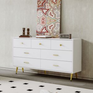 Commode - 7 tiroirs - en panneaux de particules - protégés par des pieds en Métal - 140x35x76cm - style moderne - Blanc