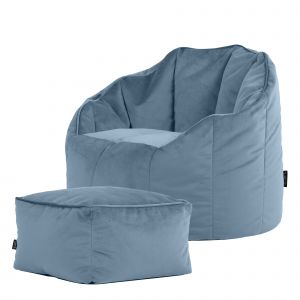 Icon Pouf fauteuil avec repose-pied velours bleu minéral