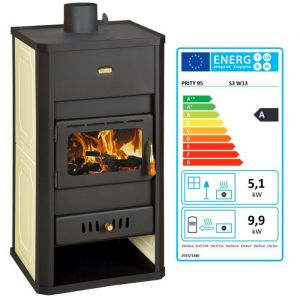 Poêle à bois hydraulique Prity S3 W13 – 15 kW, Noir Graphite, Chaudière intégrée de 16 L, Classe A