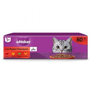 Whiskas Les Repas Classiques (4 variétés) pour Chat - 60 Sachets Fraîcheur - Pâtée Adulte en gelée– Nourriture Humide Complète & Equilibrée, Adaptée aussi aux Chats Stérilisés