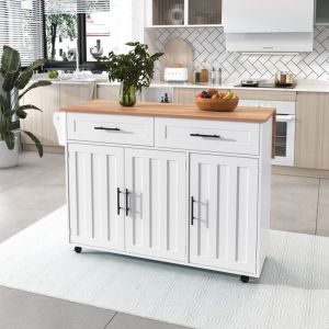 Ilot central de cuisine avec 2 tiroirs - Plateau extensible - Pieds en roulettes - Blanc