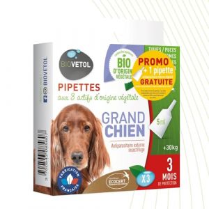 Biovetol Pipettes Antiparasitaires Grand Chien (+30 kg) Bio - Certifié Ecocert - Anti-puces, Anti-Tiques - 3x5ml