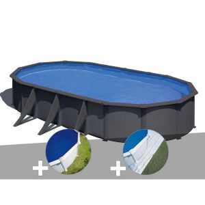 Image de Gre Kit piscine acier gris anthracite Louko ovale 7,44 x 3,99 x 1,22 m + Bâche à bulles + Tapis de sol