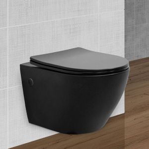 ECD Germany Toilette Suspendu sans Rebord, Noir Mat, avec Siège WC Amovible en Duroplast, Softclose Abaissement Automatique, Chasse d'eau Profonde