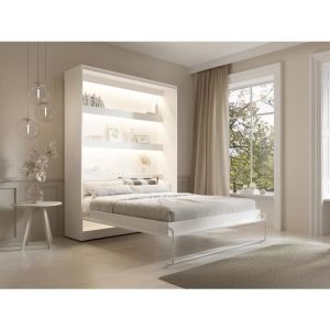 Lit escamotable 160 x 200 cm - Ouverture verticale manuelle - Avec LEDs - Blanc - rapili