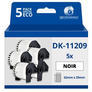 Pack de 5 Rouleaux d'&eacute;tiquette compatible BROTHER DK-11209 petites &eacute;tiquettes d'adresse 62mm x 29 mm