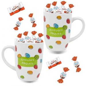 2 Mugs Oeufs de P&acirc;ques garni d'un assortiment de Kinder Schokobons et Bueno - Coffret Id&eacute;al pour P&acirc;ques
