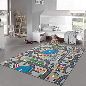 Teppich-Traum Tapis de Jeu avec Paysage Urbain - Grande Roue & Montagnes - Fond en Gris 200 cm Carré