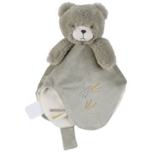 NOUKIE’S – Doudou Orso en Veloudoux Kaki – Peluche marionnette Interactive – avec Lien d’Attache et étiquettes sensorielles – Idéal dès la Naissance