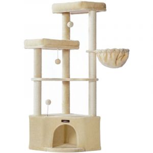 Arbre &agrave; Chat, 48,5 x 48,5 x 140,7 cm, Tour de Jeux pour Chats, avec Niche, Grandes Plateformes, Balles en Peluche, Hamac, Beige Sable