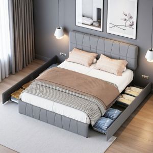 Lit double 160x200 - Lit coffre - 4 tiroirs int&eacute;gr&eacute;s - Design industriel moderne - Rangement optimis&eacute;