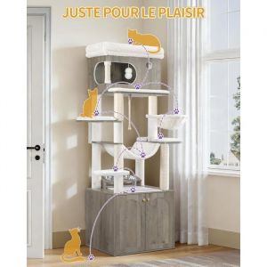 Arbre à Chat avec Meuble Litiere Chat,Mangeoire,Grande Plateforme