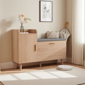 Meuble &agrave; Chaussures - Banc Fixe - Bois Naturel - 2 &Eacute;tag&egrave;res - Coussin Amovible