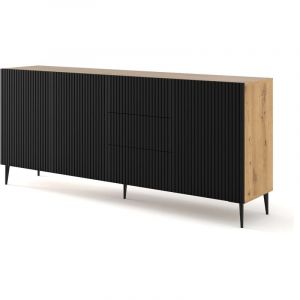 Commode Ravenna avec 3 portes + 3 tiroirs en bois et pieds noirs - Noir et beige - L 200 x P 42 x H 87 cm