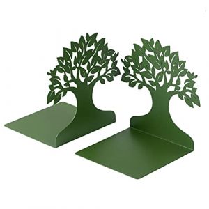 Baroni Home Lot de 2 Serre-Livres en Métal pour Bibliothèque, Serre Livres pour Bureau, école, Chambre, Salon, Motif Arbre, Couleur Vert, 15x6x16 cm