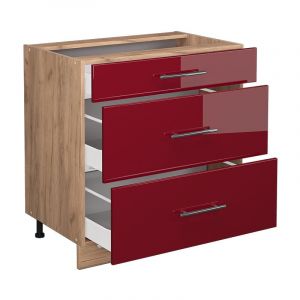 Meuble cuisine Fame-Line, Rouge bordeaux Haute brillance, 80 cm avec 3 tiroirs, sans plan de travail Vicco