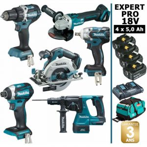 Image de Makita Pack EXPERT PRO BL Motor 18V 6 machines 4 batt 5Ah DDF484 DTD154 DTW285 DGA506 DHR243 DHS680 avec sac