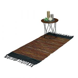 Image de Relaxdays Tapis tissé, 70 x 140 cm, Coton et Cuir, Descente de lit à Franges, antidérapant, Marron