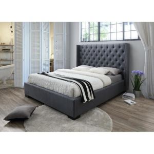 Lit avec t&ecirc;te de lit capitonn&eacute;e - 160 x 200 cm - Tissu - Gris - MASSIMO II