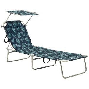 Transat chaise longue bain de soleil lit de jardin terrasse meuble d'extérieur pliable avec auvent acier motif de feuilles 02_0012811