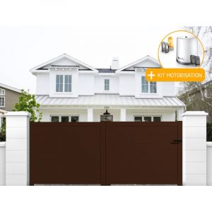 Packit Portail aluminium coulissant plein en kit + Motorisation dimension L.4000 (entre piliers) x H.1500 mm Couleurs Marron (ral 1247) Expédition gratuite