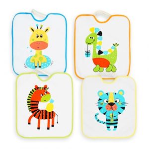 Ti TIN Lot De 4 Bavoirs B&eacute;b&eacute; Imperm&eacute;ables | &Eacute;ponge 73% Coton 27% Polyester |Fermeture &Eacute;lastique | Motifs Animaux |Parfaits Pour Maternelle Cantine | Facile &Agrave; Nettoyer.