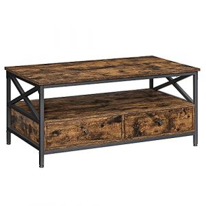 Songmics VASAGLE Table Basse, Table de Salon, Buffet Bas, avec 2 Tiroirs et Un Compartiment Ouvert, Cadre en Acier en Forme de X, 100 x 55 x 45 cm, Style Industriel, Marron Rustique et Noir LCT201B01