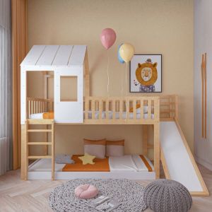Lit cabane lit superposé enfant 90 x 200 cm avec échelle, toboggan, protection antichute et grille. pin. naturel et blanc