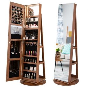 COSTWAY Armoire &agrave; Bijoux Pivotante &agrave; 360&deg; - Lumi&egrave;res LED 3 Couleurs Miroir Pleine Longueur &Eacute;tag&egrave;re 3 Niveaux en Arri&egrave;re - Marron