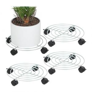 Relaxdays Support pour Plantes, Lot de 4, diamètre : 32 cm, pour Pots de Fleurs, Roues, Acier, pour intérieur, argenté