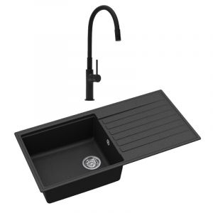 Swiss Aqua Technologies 100x50 cm évier avec égouttoir réversible en granite à encastrer + mitigeur aérateur Neoperl, noir mat (SATSINKGQK103B-S1)