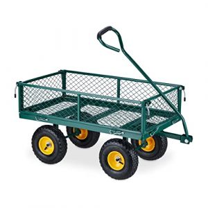 Relaxdays Chariot de Jardin Pratique, Roues pneumatiques, Parties lat&eacute;rales Pliables, Charge Max. 200 kg, Vert/Jaune