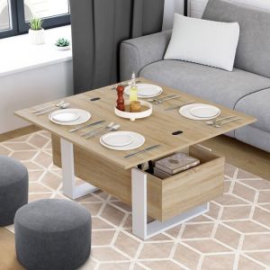 Idmarket Table basse plateau relevable rectangulaire convertible en table à manger PHOENIX 97,5 cm bois et blanc