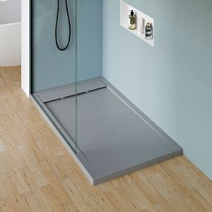 Bernstein Receveur de douche fonte minérale, Gris béton, 140x80x4.5cm, Bac à douche antidérapant, Pente écoulement, Avec Bonde type B