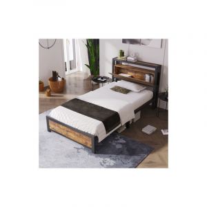 Lit simple en métal et bois 90x200 cm avec tête de lit, rangement, sommier à lattes, noir