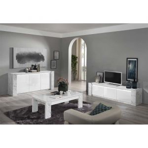 Ensemble Salon Blanc et Effet Marbre Meuble TV et Buffet avec Leds + Table Basse - PRAVA - ALTOBUY